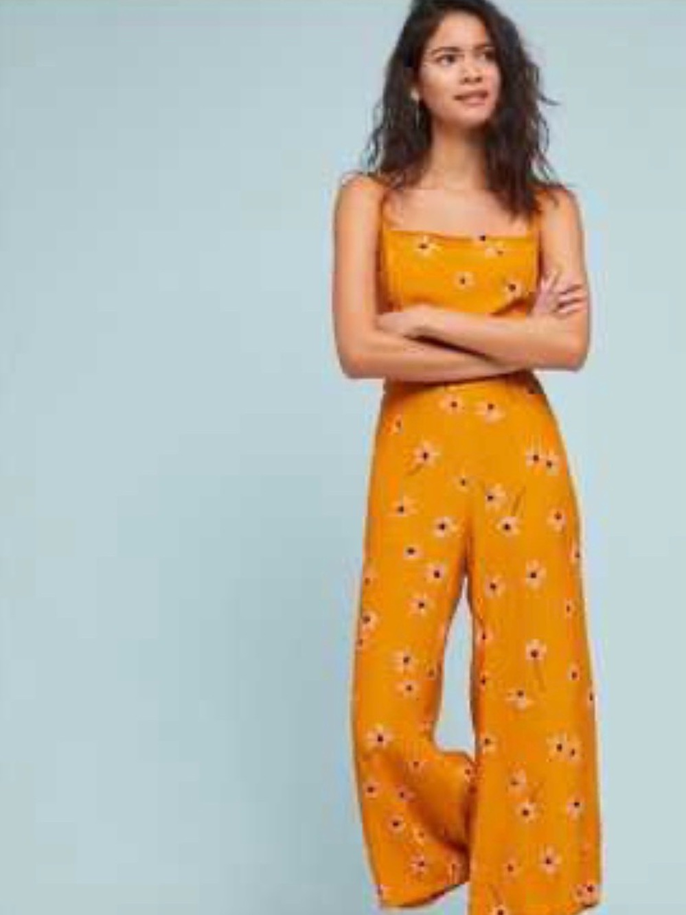 Women's Mustard Floral Wide-Leg Jumpsuit